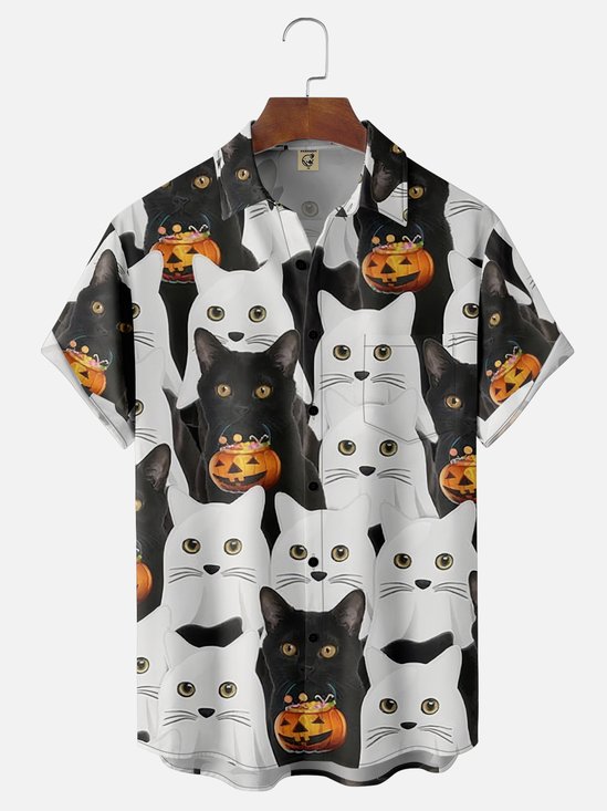 Moisture-Wicking Halloween Pumpkin Cat Chest Pocket Hawaiian Shirt