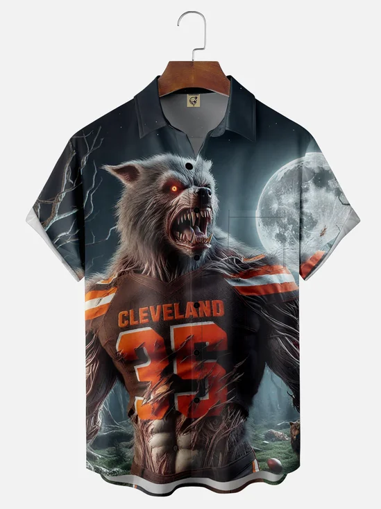 Moisture-Wicking Football Wolf Halloween Chest Pocket Hawaiian Shirt