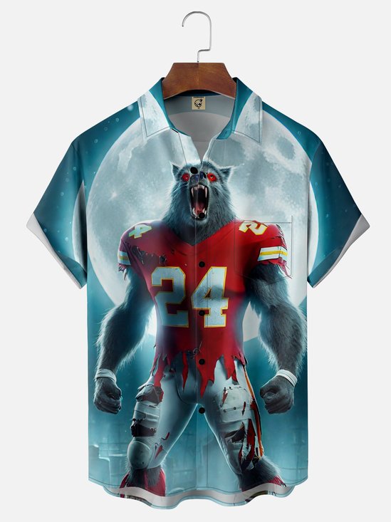 Moisture-Wicking Ombre Halloween Wolf Chest Pocket Hawaiian Shirt