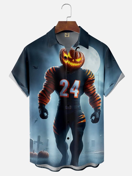 Moisture-Wicking Ombre Halloween Pumpkin Chest Pocket Hawaiian Shirt