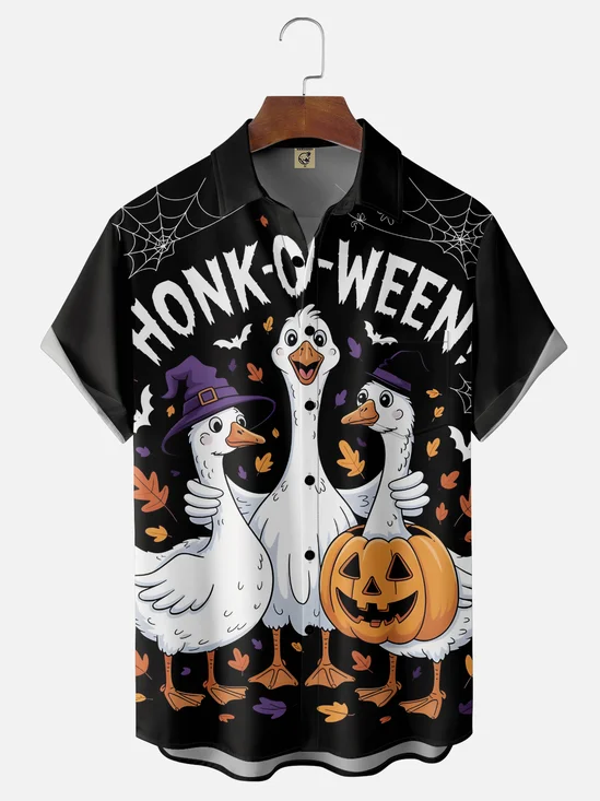 Moisture-Wicking Fun Halloween Goose Pumpkin Bat Chest Pocket Hawaiian Shirt