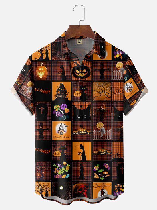 Moisture-Wicking Halloween Gradient Pumpkin And Black Cat Checkered Chest Pocket Hawaiian Shirt