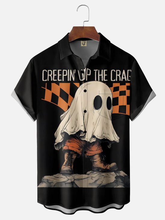 Moisture-Wicking Halloween Ghost Geometric Chest Pocket Hawaiian Shirt