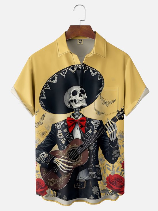 Moisture-wicking Day of the Dead Skull Music Chest Pocket Hawaiian Shirt
