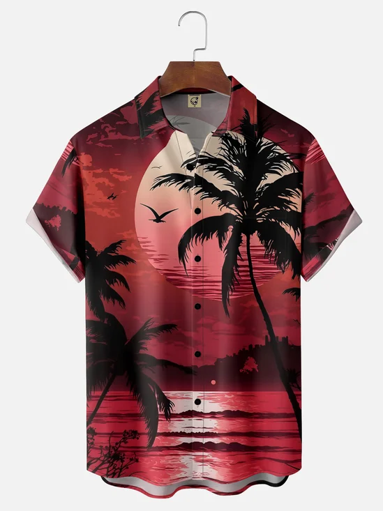 Moisture-wicking Coconut Trees Beach Seagulls Chest Pocket Hawaiian Shirt