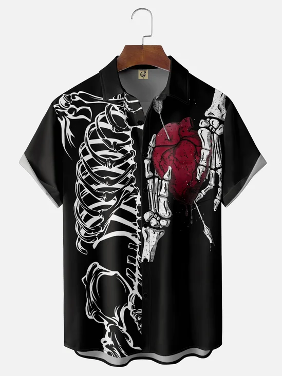 Moisture-wicking Skull Heart Chest Pocket Casual Shirt