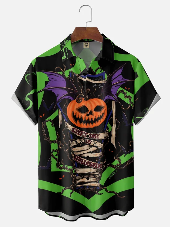 Moisture-wicking Halloween Pumpkin Chest Pocket Casual Shirt