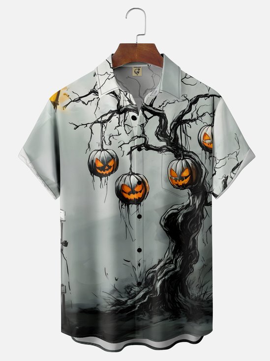 Moisture-wicking Halloween Pumpkin Chest Pocket Casual Shirt
