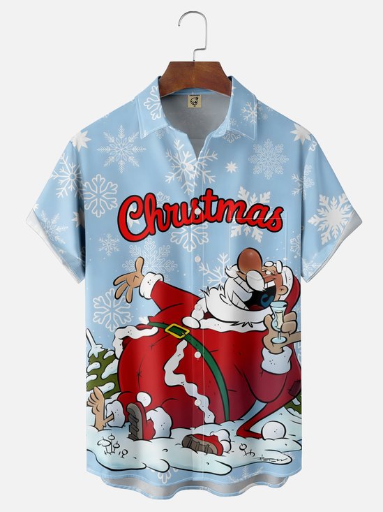 Moisture-wicking Christmas Santa Claus Chest Pocket Casual Shirt