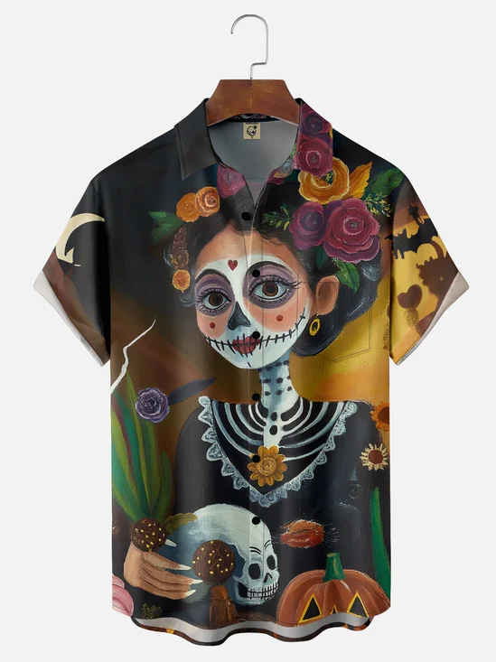 Moisture-Wicking Day of the Dead Pumpkin Skull Girl Chest Pocket Hawaiian Shirt