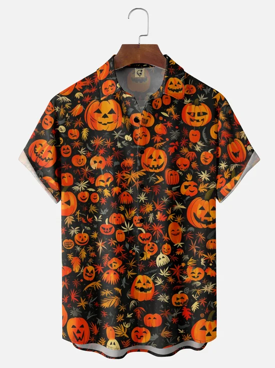 Moisture-Wicking Halloween Pumpkin Floral Chest Pocket Hawaiian Shirt