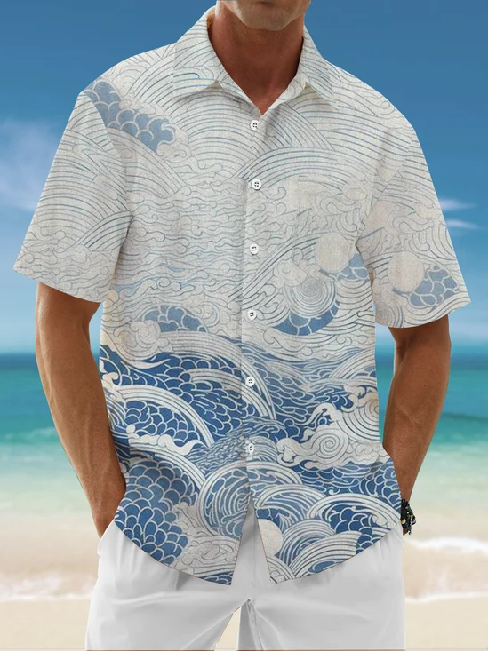 Moisture-Wicking Wave Chest Pocket Hawaiian Shirt