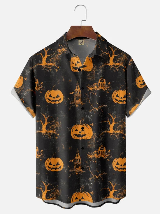 Moisture-Wicking Halloween Pumpkin Chest Pocket Hawaiian Shirt