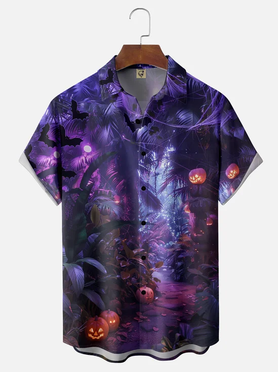 Moisture-Wicking Halloween Pumpkin Botanical Chest Pocket Hawaiian Shirt
