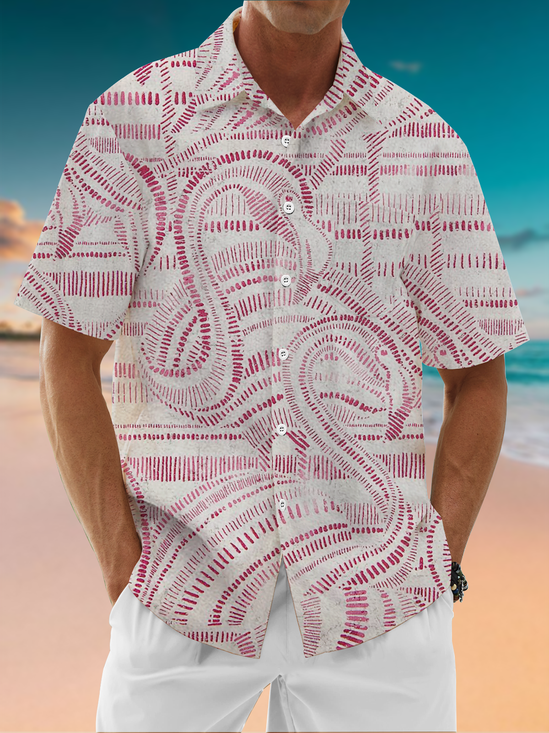Moisture-Wicking Striped Flamingo Chest Pocket Hawaiian Shirt