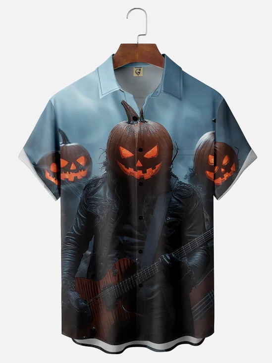 Moisture-Wicking Halloween Pumpkin Rock Music Chest Pocket Hawaiian Shirt