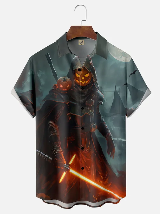 Moisture-Wicking Halloween Pumpkin Star Warrior Chest Pocket Hawaiian Shirt