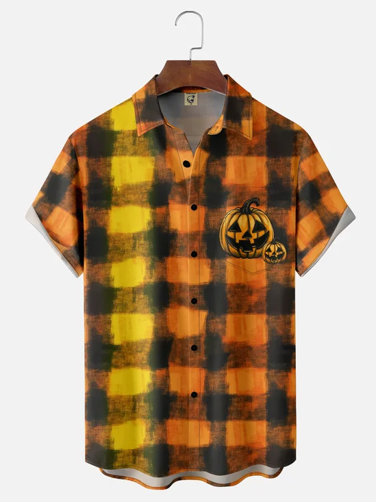 Moisture-Wicking Halloween Striped Check Pumpkin Chest Pocket Hawaiian Shirt