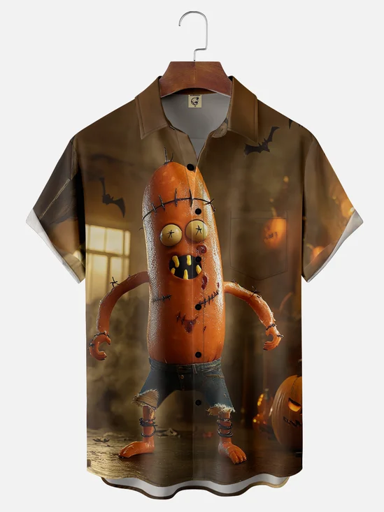 Moisture-Wicking Halloween Pumpkin Sausage Monster Chest Pocket Hawaiian Shirt