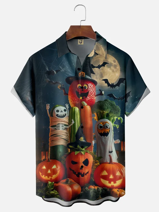 Moisture-Wicking Halloween Pumpkin Vegetable Monster Chest Pocket Hawaiian Shirt