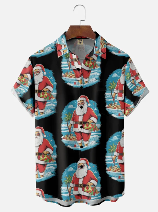 Moisture-Wicking Santa Claus Coconut Tree Beach Chest Pocket Hawaiian Shirt