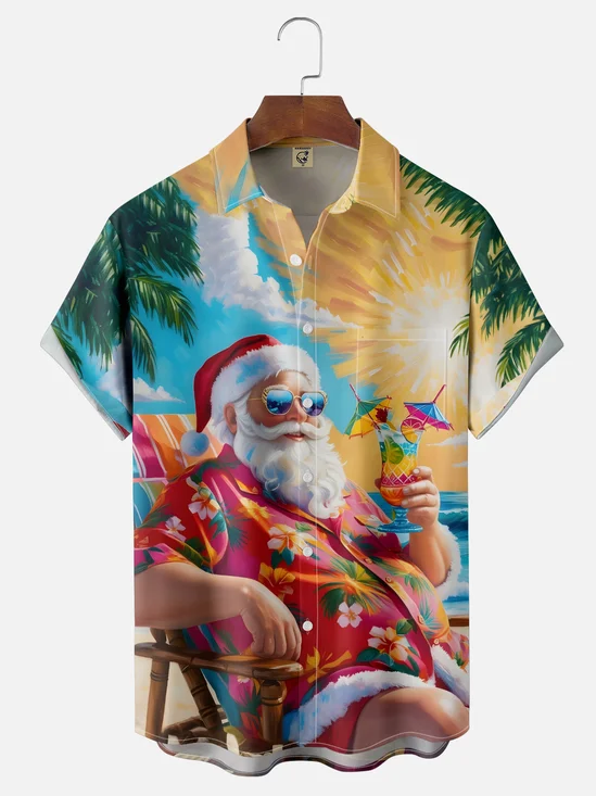 Moisture-wicking Christmas Santa Claus On Vacation Chest Pocket Casual Shirt