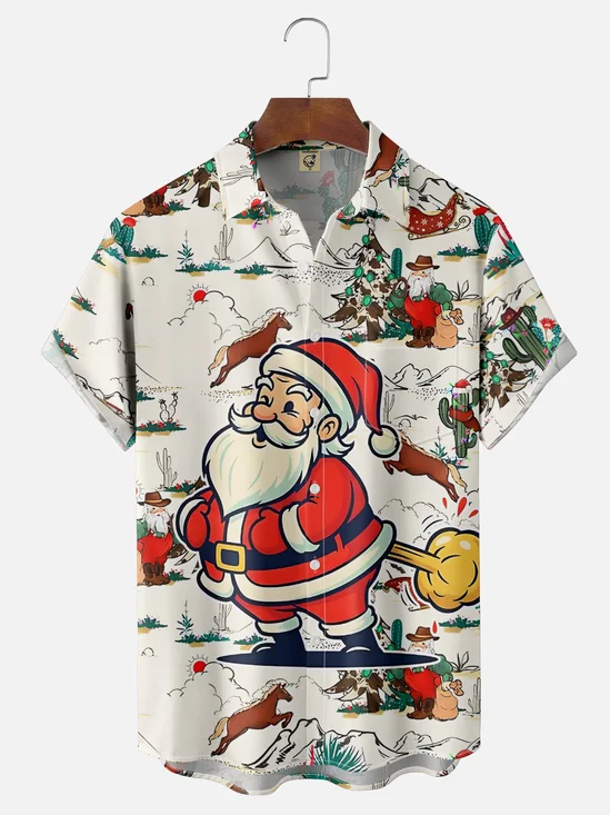 Moisture-Wicking Cactus Christmas Tree Santa Claus Fart Chest Pocket Hawaiian Shirt