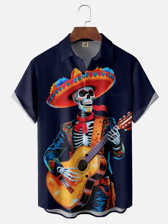 Moisture-wicking Day of the Dead Music Skull Guitar Chest Pocket Casual Shirt