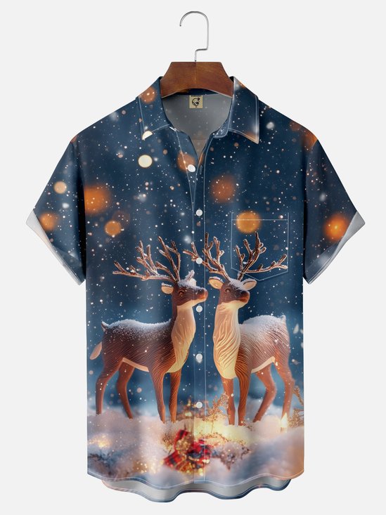 Moisture-wicking Christmas Reindeer Chest Pocket Casual Shirt