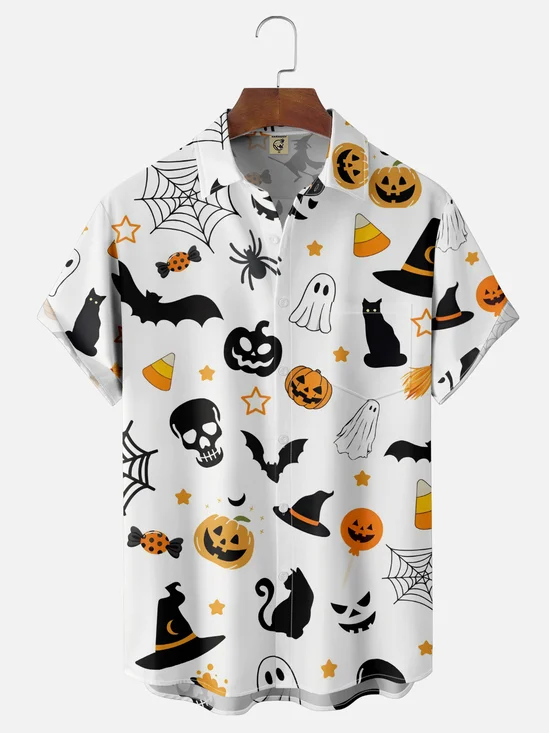 Moisture-wicking Halloween Pumpkin Chest Pocket Casual Shirt