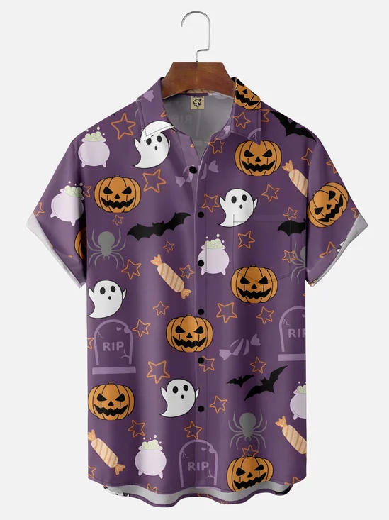 Moisture-wicking Halloween Ghost Spider Pumpkin Chest Pocket Casual Shirt