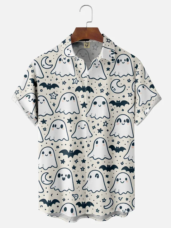 Moisture-wicking Halloween Ghost Chest Pocket Hawaiian Shirt