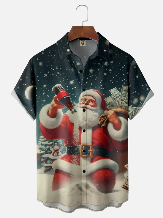 Moisture-Wicking Santa Claus Chest Pocket Hawaiian Shirt