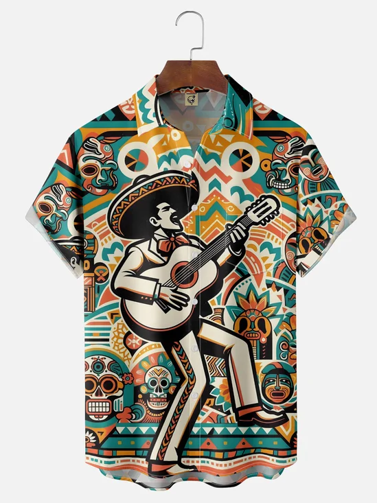 Moisture-wicking Day of the Dead Guitar Chest Pocket Casual Shirt
