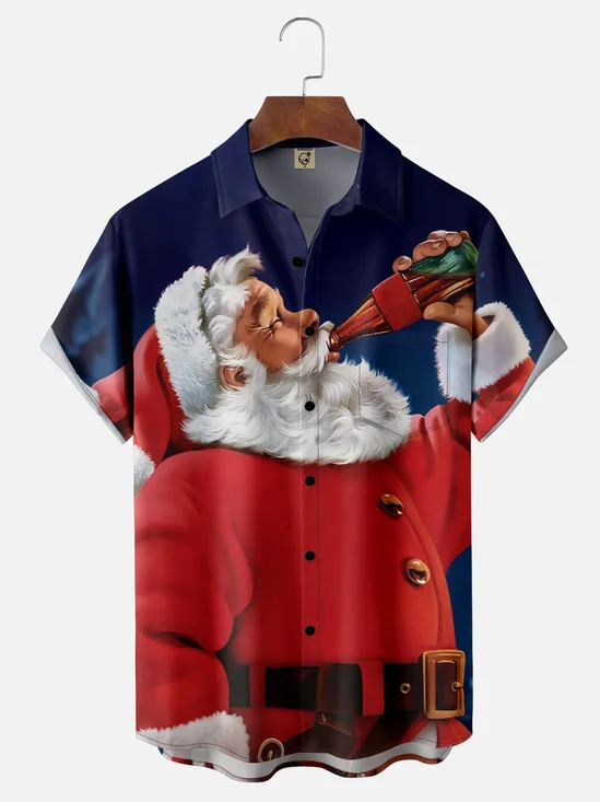 Moisture-Wicking Santa Claus Drinks Chest Pocket Hawaiian Shirt