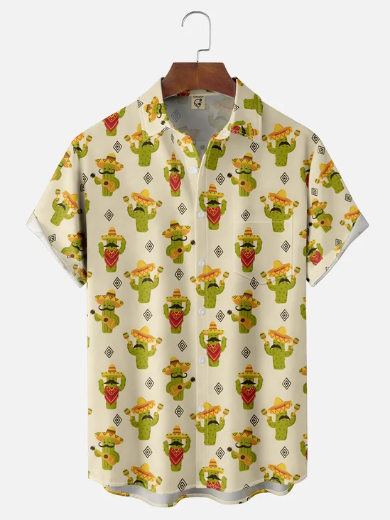 Moisture-wicking Mexican Cactus Guitar Chest Pocket Casual Shirt