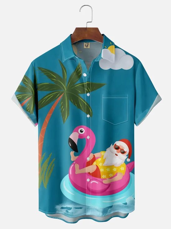 Moisture-wicking Christmas Santa Claus On Vacation Chest Pocket Casual Shirt
