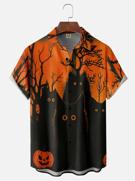 Moisture-Wicking Halloween Pumpkin Black Cat Chest Pocket Hawaiian Shirt
