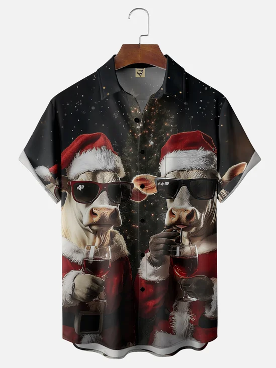 Moisture-Wicking Christmas Cow Chest Pocket Hawaiian Shirt