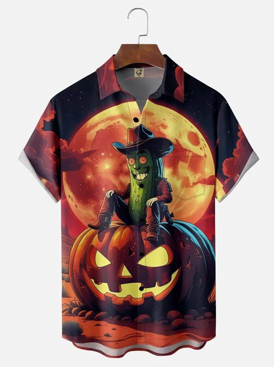 Moisture-Wicking Halloween Pumpkin Western Cucumber Chest Pocket Hawaiian Shirt