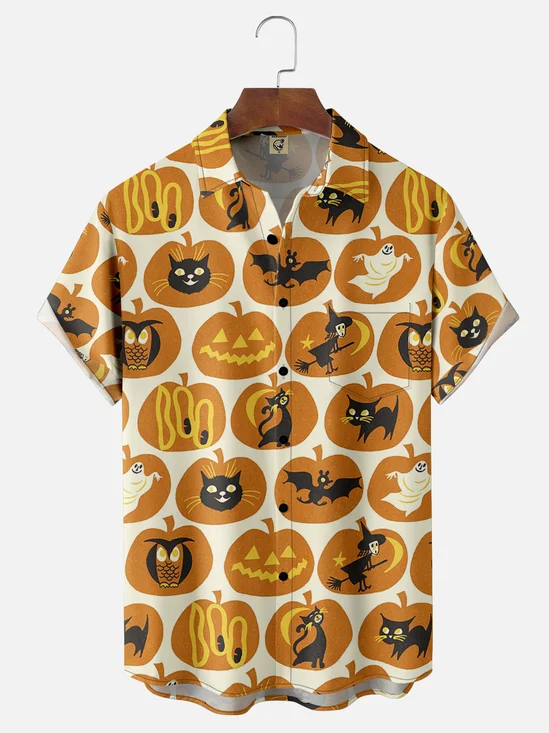 Moisture-Wicking Halloween Pumpkin Witch Cat Chest Pocket Hawaiian Shirt