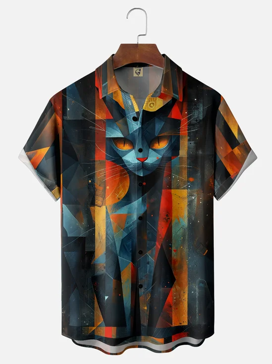 Moisture-Wicking Ombre Color Block Cat Chest Pocket Hawaiian Shirt