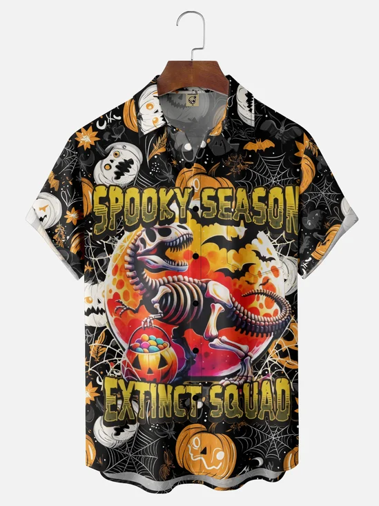 Moisture-Wicking Gradient Color Halloween Pumpkin Dinosaur Spider Web Chest Pocket Hawaiian Shirt