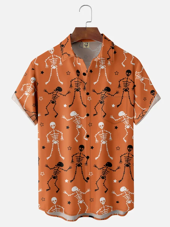 Moisture-Wicking Halloween Skeleton Chest Pocket Hawaiian Shirt