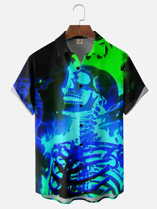 Moisture-wicking Halloween Flame Skull Music Festival Fun Chest Pocket Casual Shirt