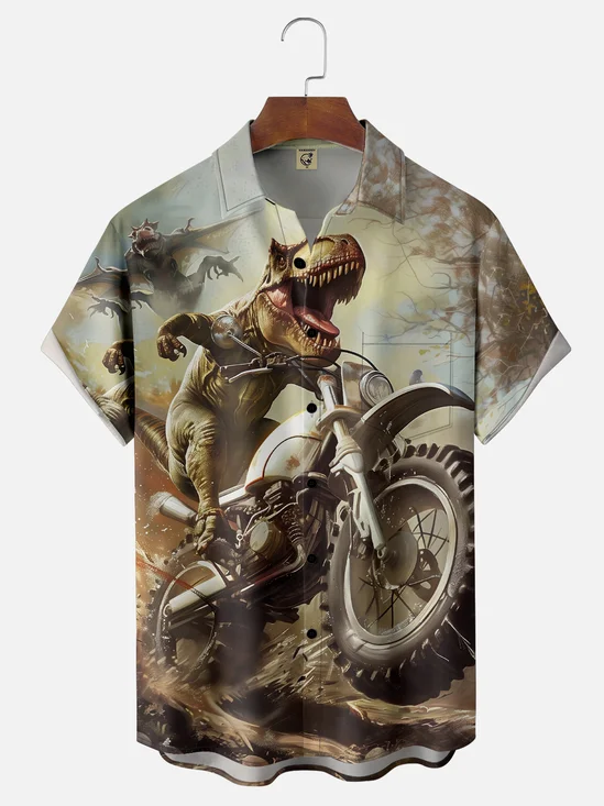 Moisture-Wicking Dinosaur Motorcycle Chest Pocket Hawaiian Shirt