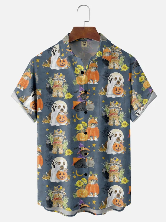 Moisture-Wicking Halloween Cat and Dog Pumpkin Chest Pocket Hawaiian Shirt