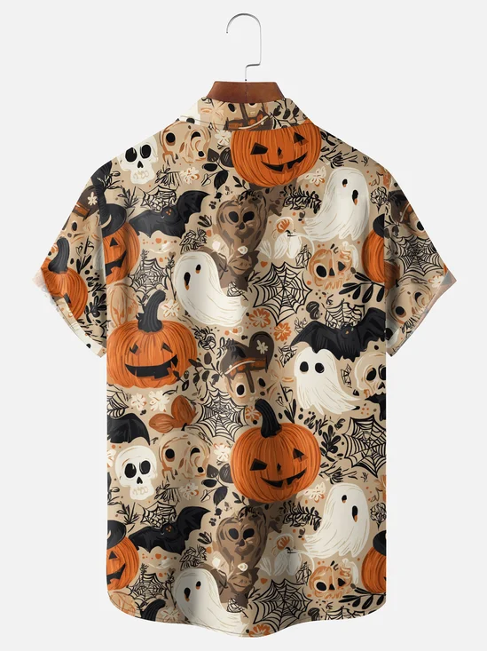 Moisture-Wicking Gradient Color Halloween Pumpkin Dinosaur Bat Spider Web Chest Pocket Hawaiian Shirt