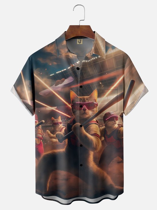 Moisture-Wicking MLB Baseball Cat Chest Pocket Hawaiian Shirt