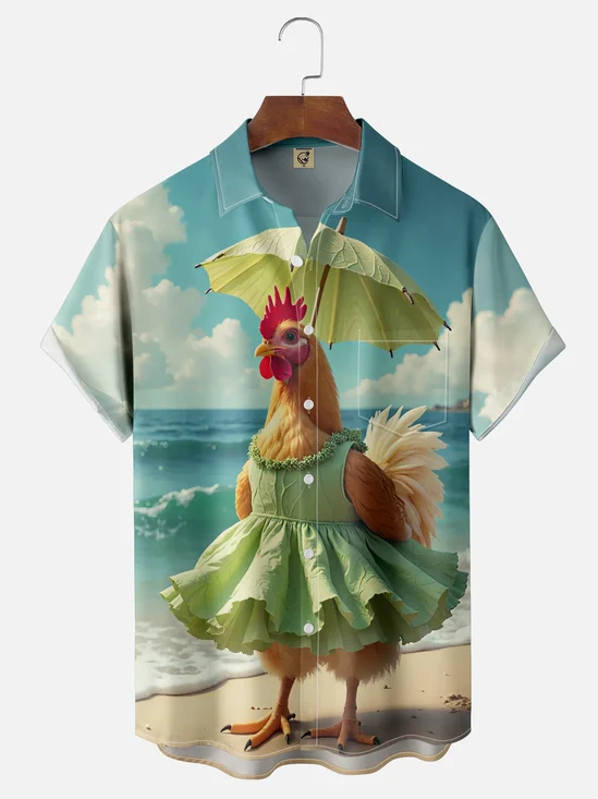 Moisture-wicking Fun Beach Chicken Art Chest Pocket Hawaiian Shirt